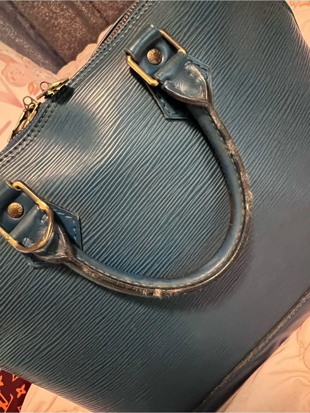 Authentic Louis Vuitton Blue Epi Leather Alma Satchel with Matching Card Holder